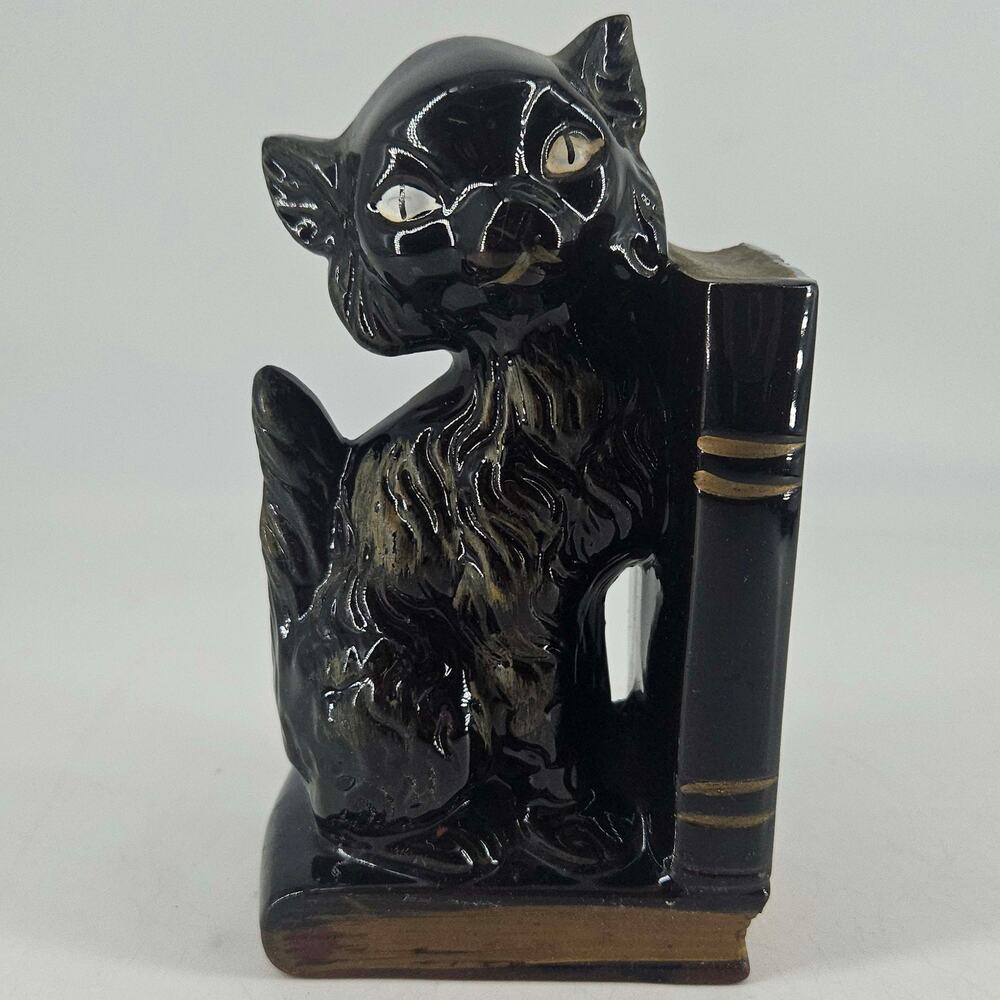 Vintage Mid Century Black cat Bookend Pen Holder MCM Gold Trim Made in Japan